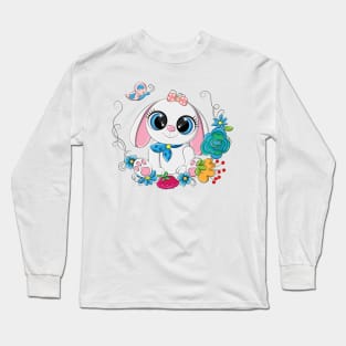 Funny rabbit on a background of flowers Long Sleeve T-Shirt
